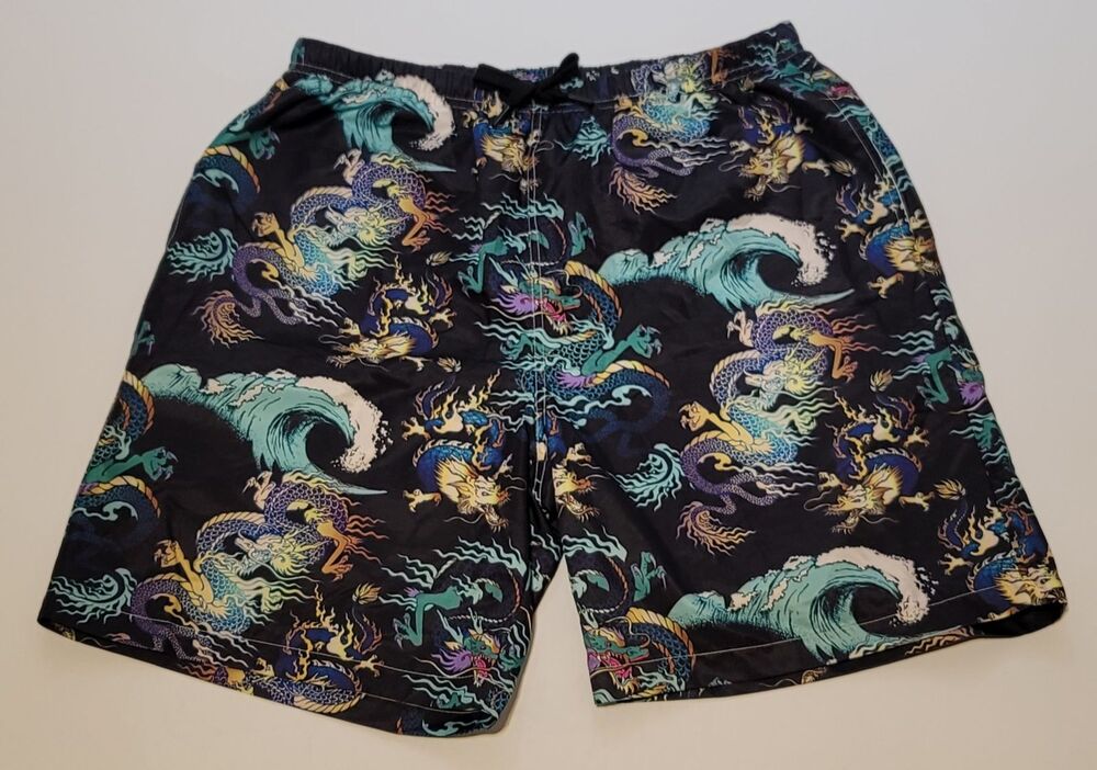 Men's Japanese Dragon & Wave Print Swim Board‎ Trunks Lined - Size M